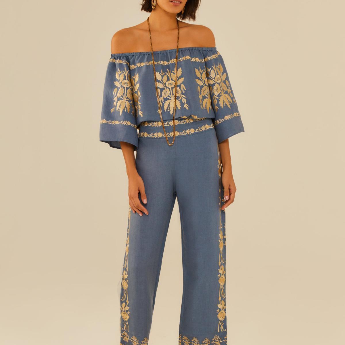 Calça Bordado Floral Ouro