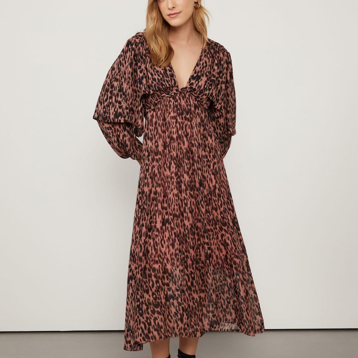 Vestido De Georgette Leve Manga Longa Camada Estampado