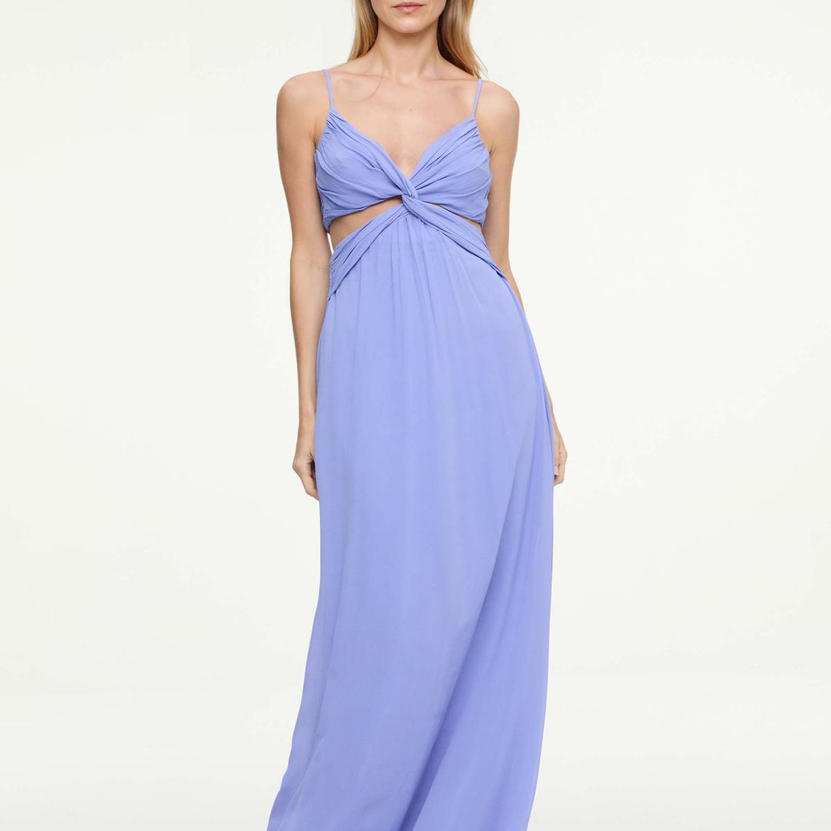 Vestido De Georgette Longo Lilás Com Busto Torcido