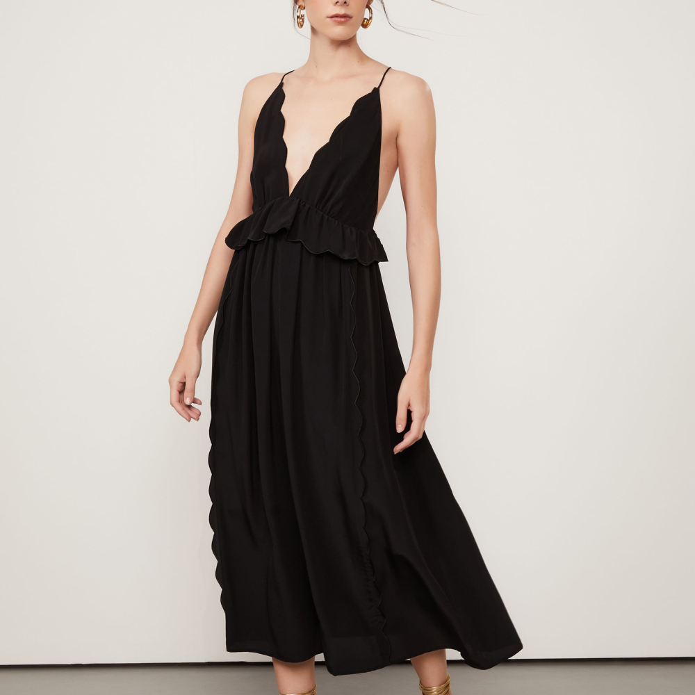 Vestido De Seda Midi Preto Borda Festonê