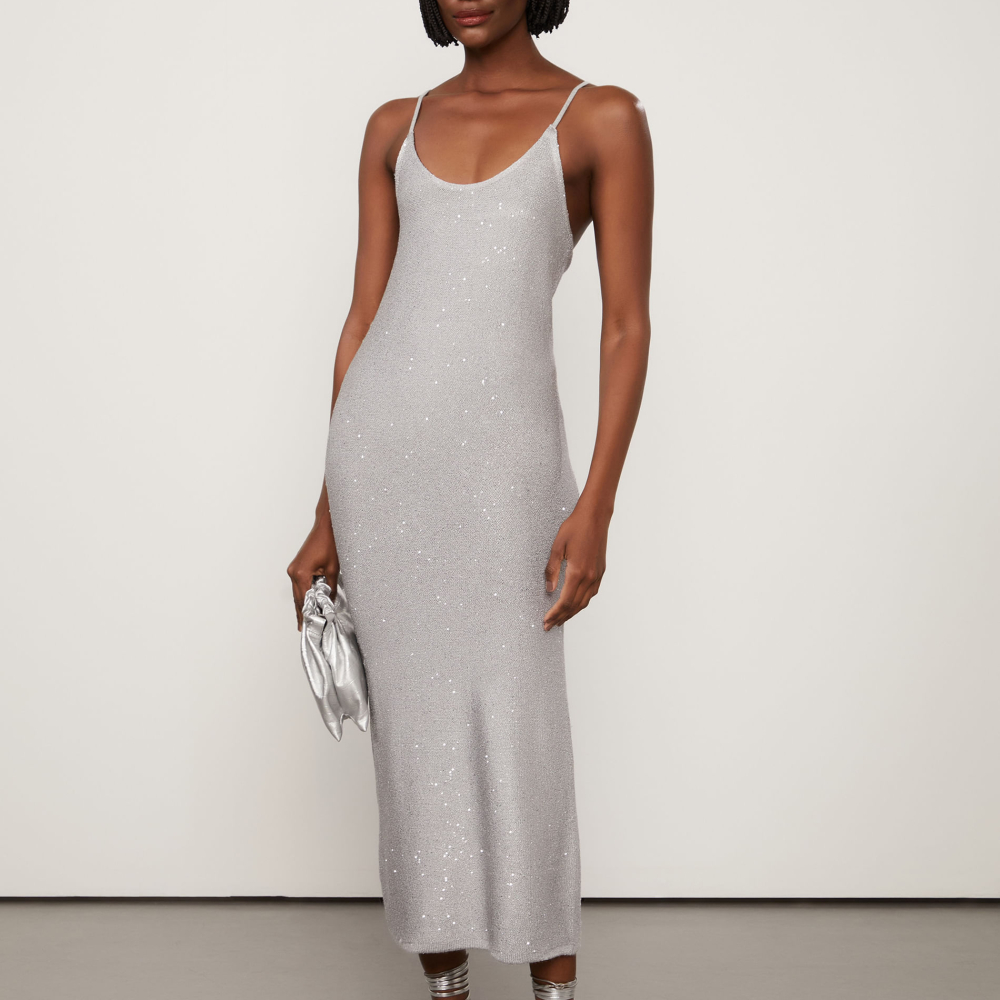 Vestido De Tricot Paetê Midi De Alça