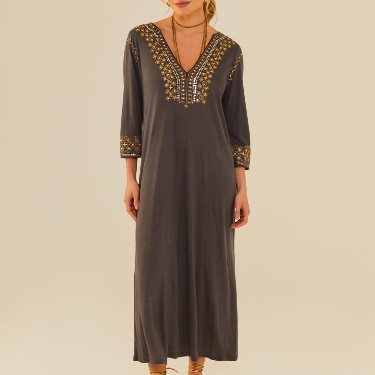 Vestido Midi Bordado Ouro