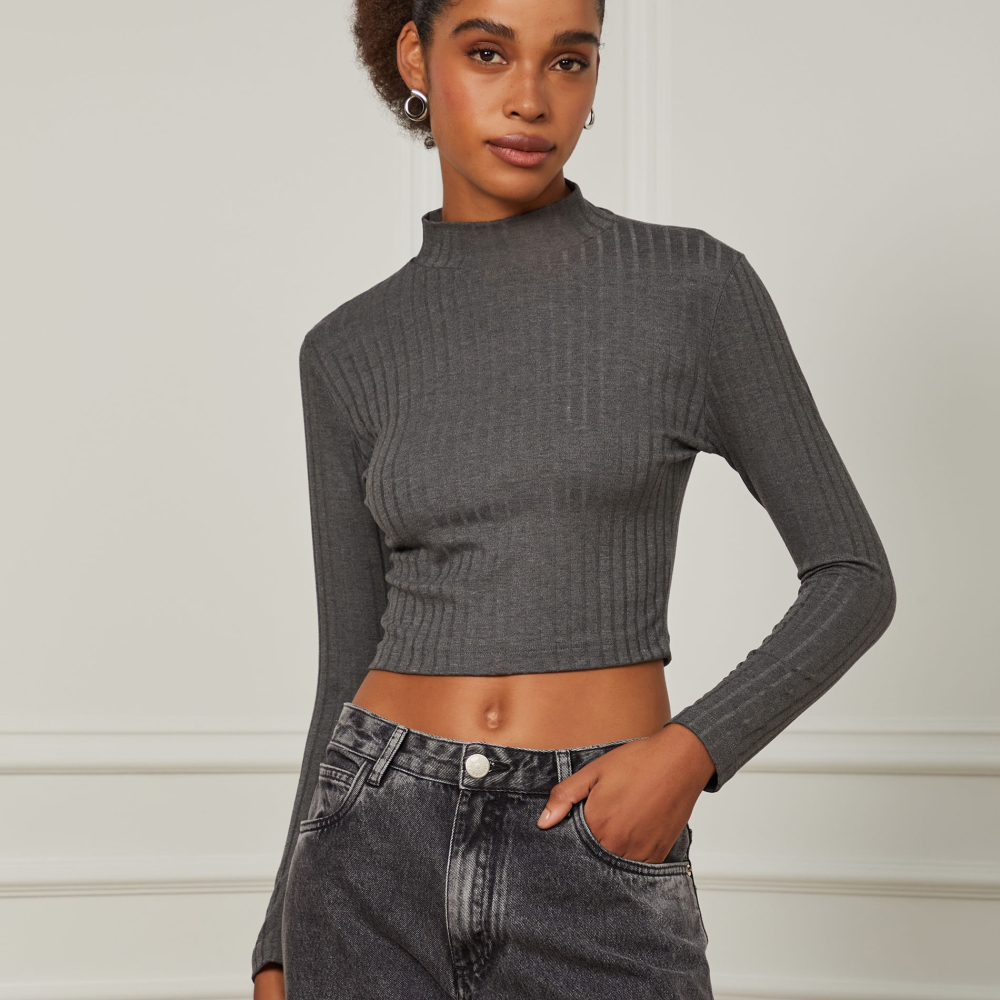 Blusa De Malha Canelada Manga Longa Com Gola Alta Mescla
