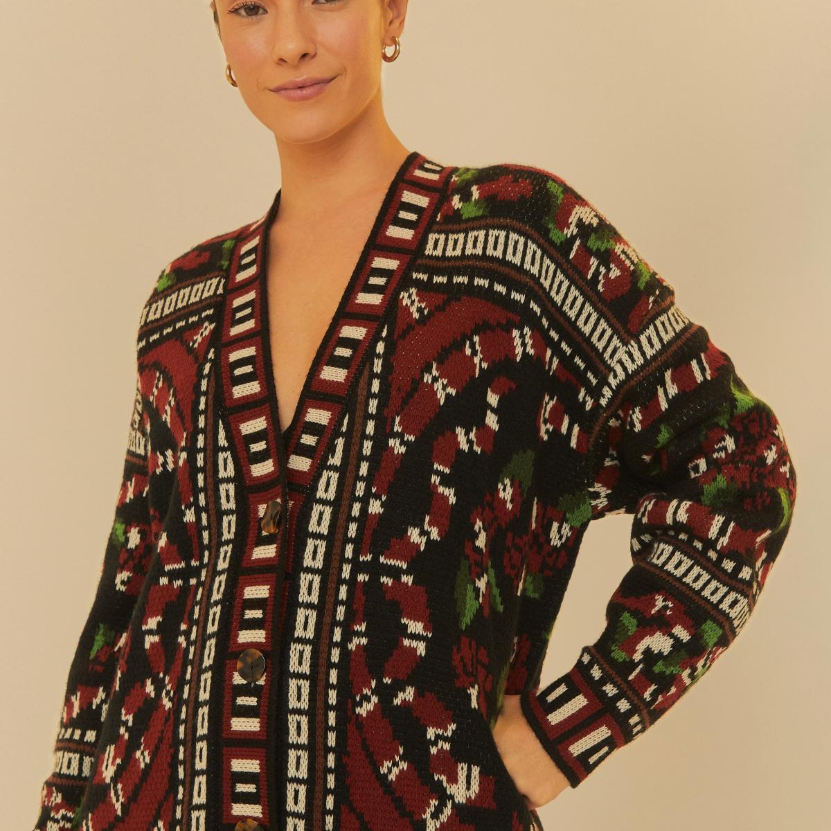 Cardigan Tricot Lenço Estampado Guaraná Coral