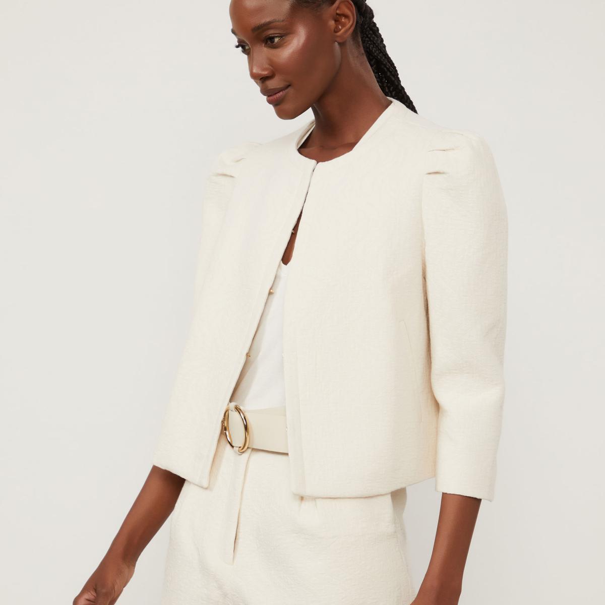 Casaqueto De Jacquard Off White Com Pregas Ombro
