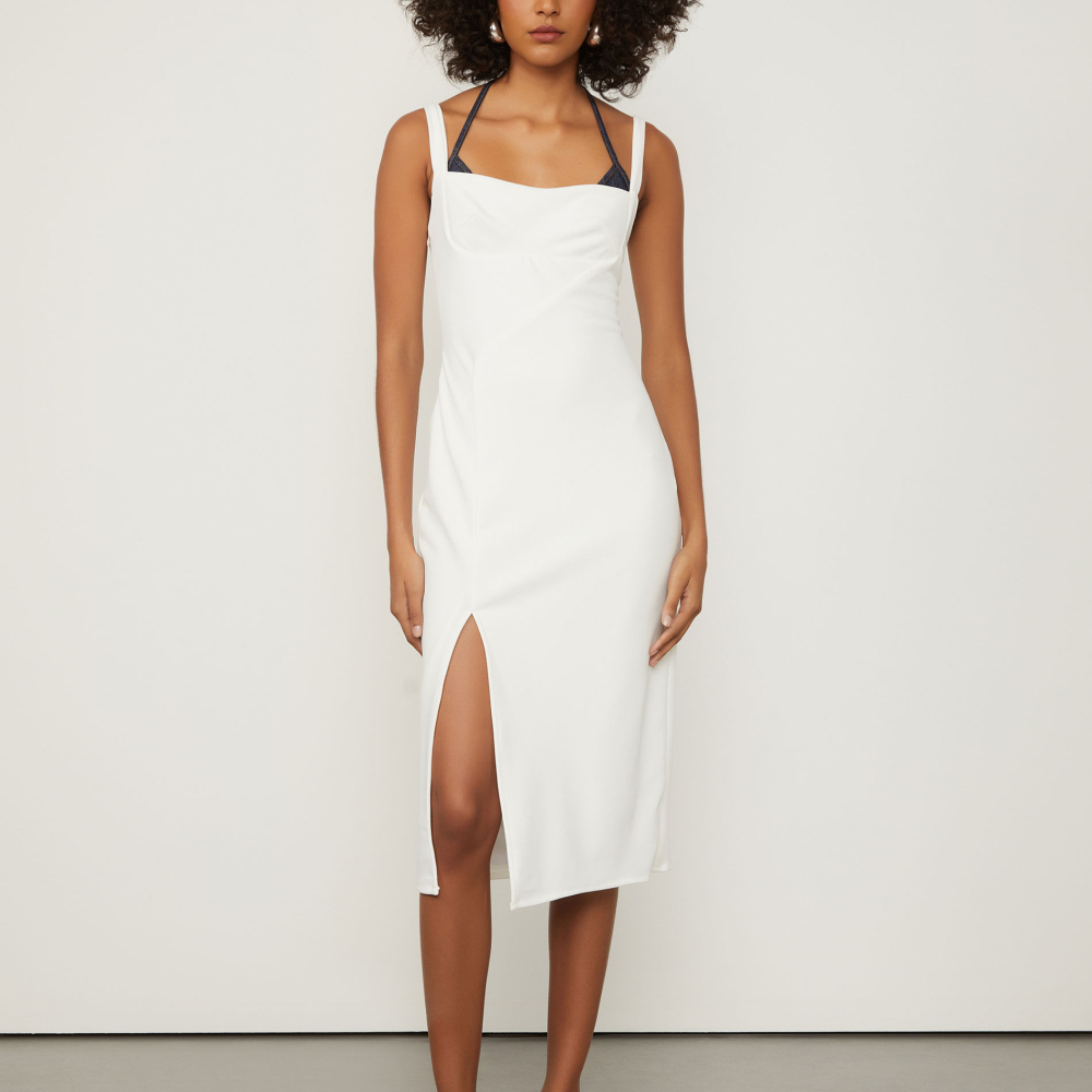 Vestido Midi Decote Reto Com Fenda