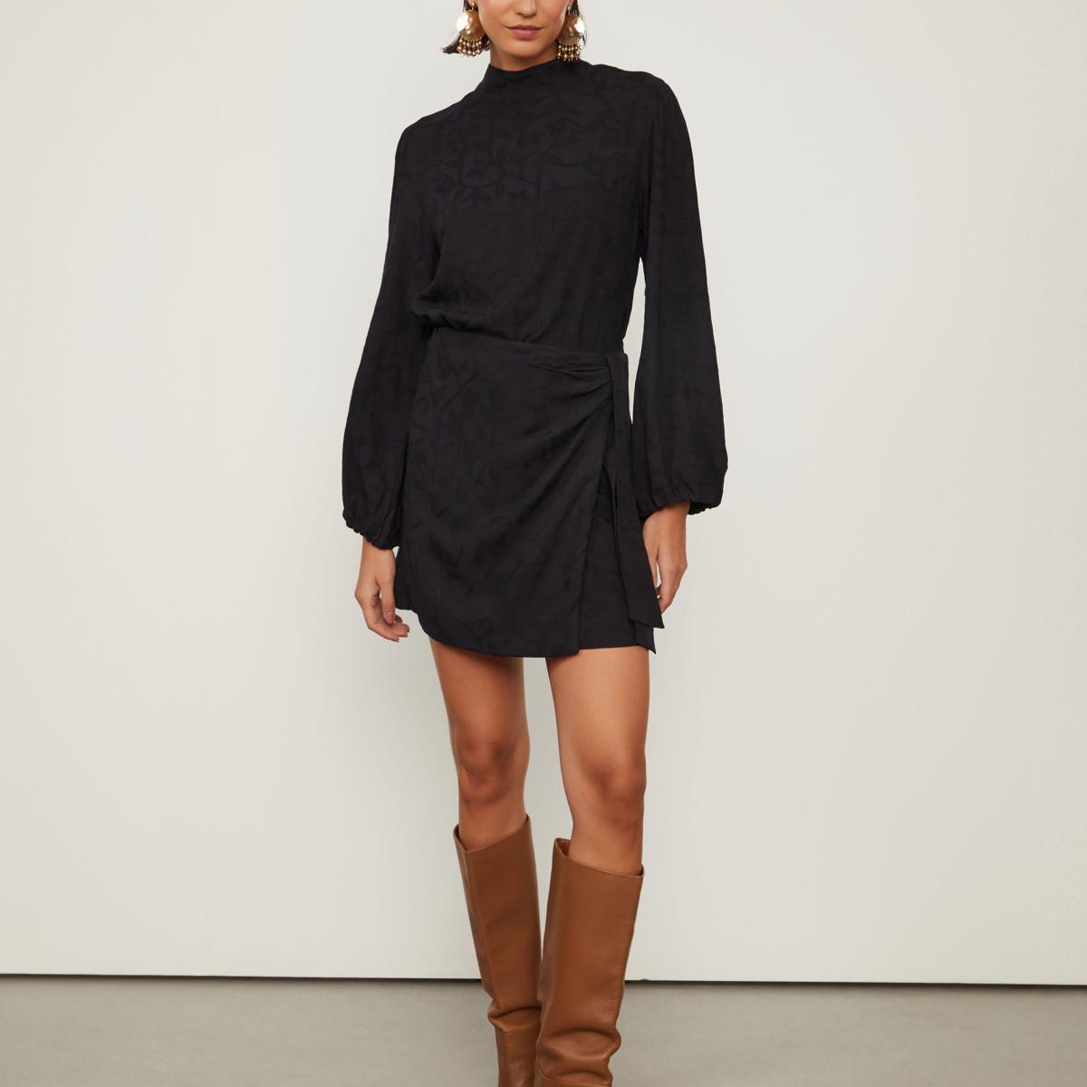 Vestido Curto Manga Longa Gola Alta Saia Pareô De Jacquard De Viscose Preto