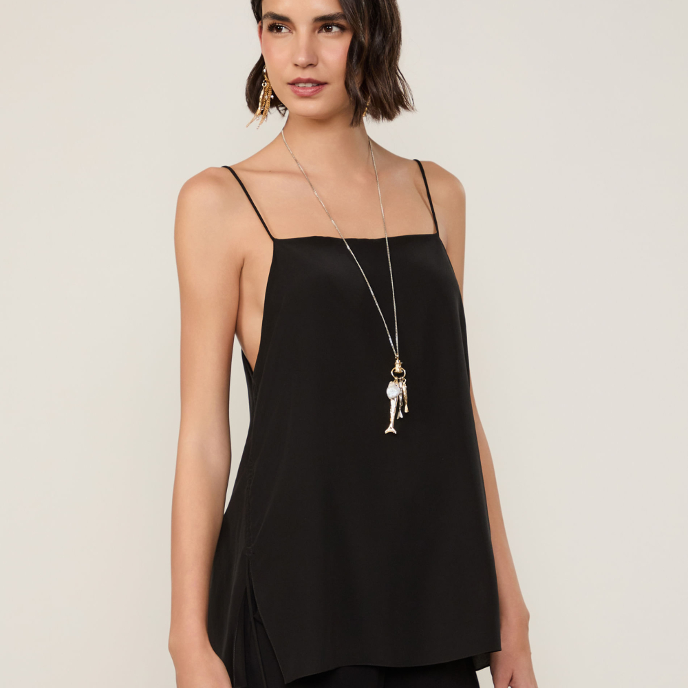 Blusa De Seda Com Detalhe Franzido Preto
