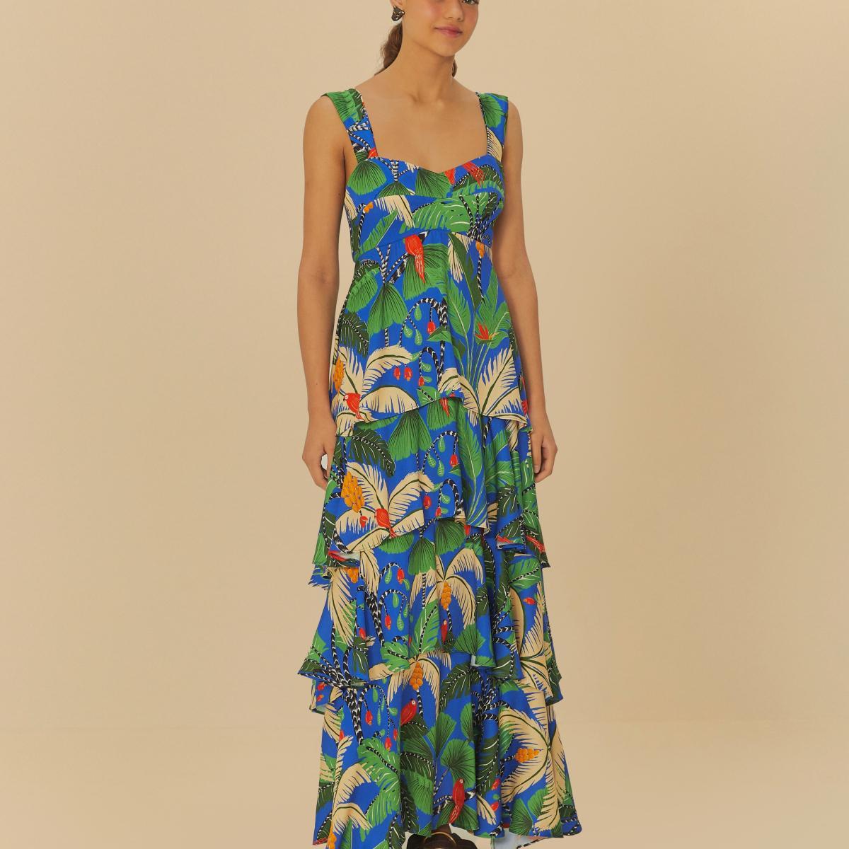 Vestido Longo Babados Estampado Ilha Da Noite