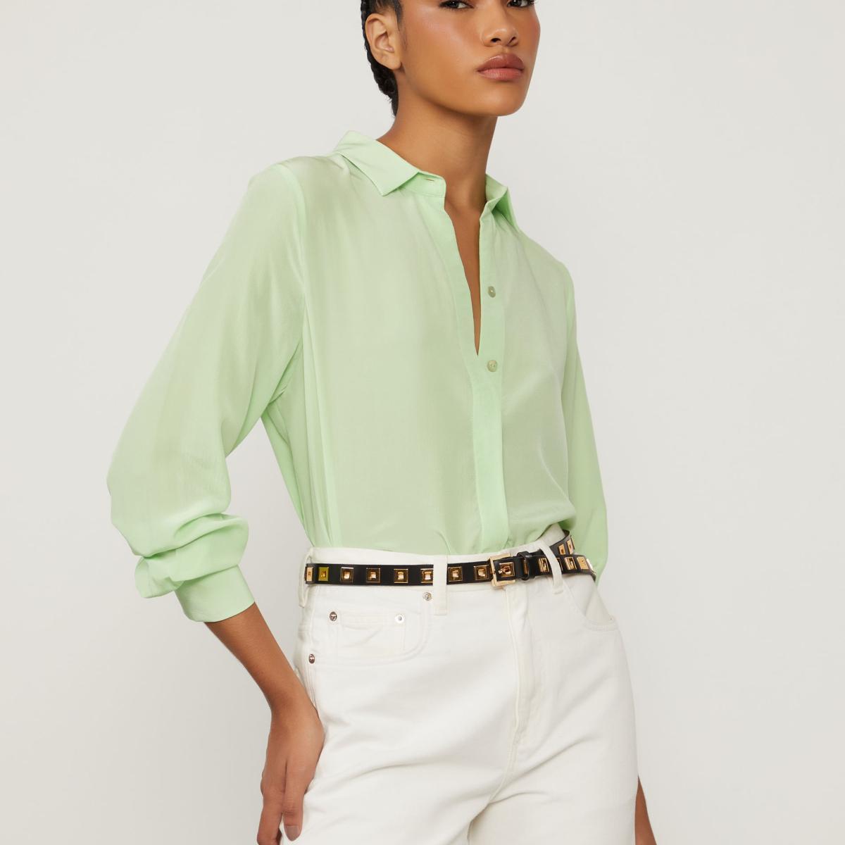 Camisa De Seda Básica Verde Manga Longa