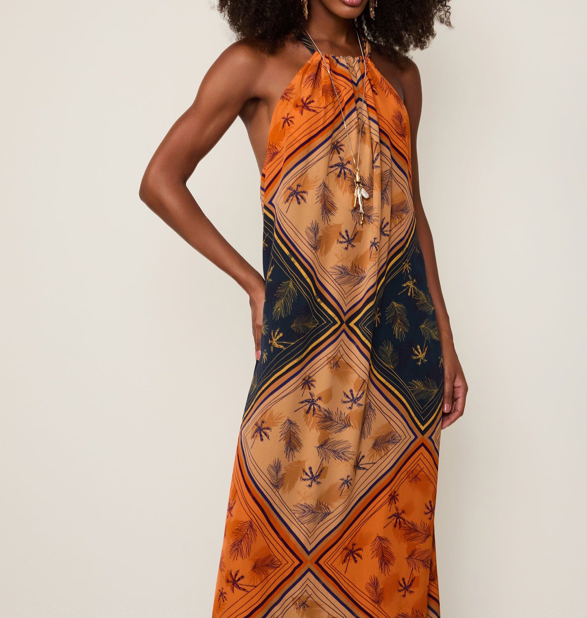 Vestido Midi Decote Franzido Estampado