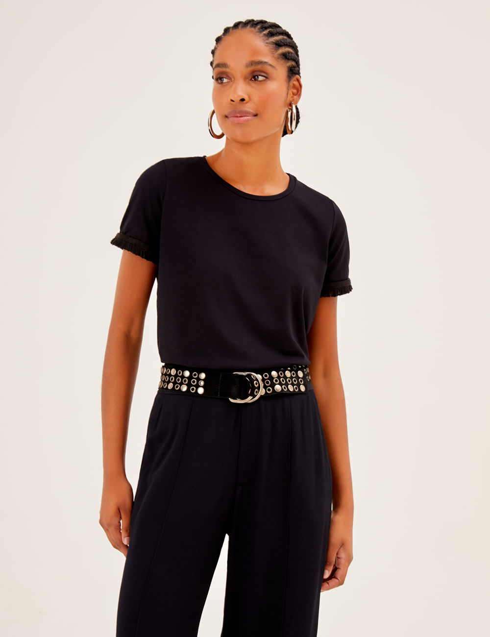 Blusa Manga Curta Detalhes Franja