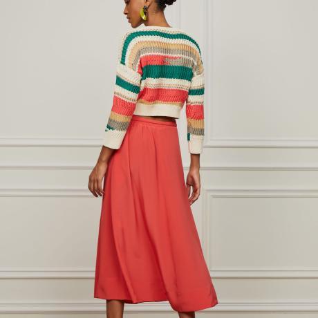 Saia De Seda Midi Godê Coral Com Cinto Saia De Seda Midi Godê Coral Com Cinto