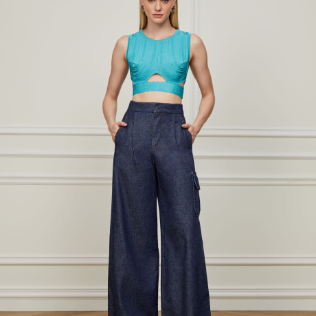 Top Estruturado De Tricot Canelado Irregular Turquesa