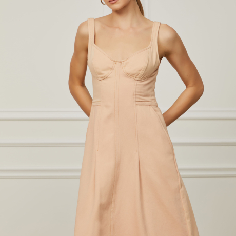Vestido De Sarja Midi Bege Praia Com Bolso