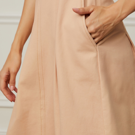 Vestido De Sarja Midi Bege Praia Com Bolso
