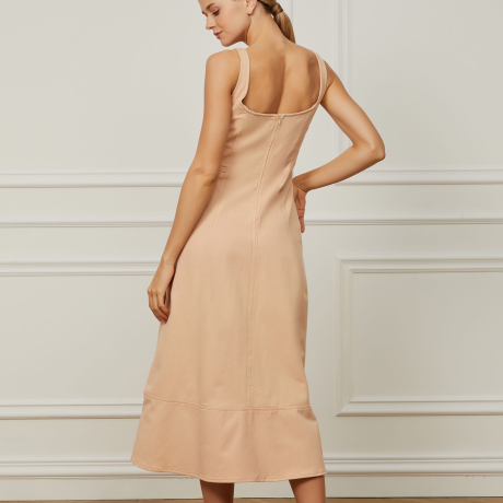 Vestido De Sarja Midi Bege Praia Com Bolso