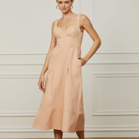 Vestido De Sarja Midi Bege Praia Com Bolso