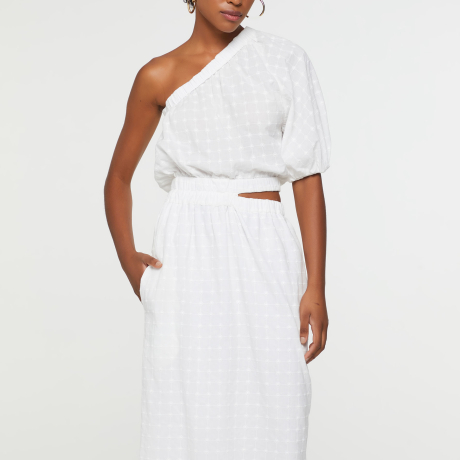 Vestido Midi De Algodão Texturizado Com Abertural Lateral
