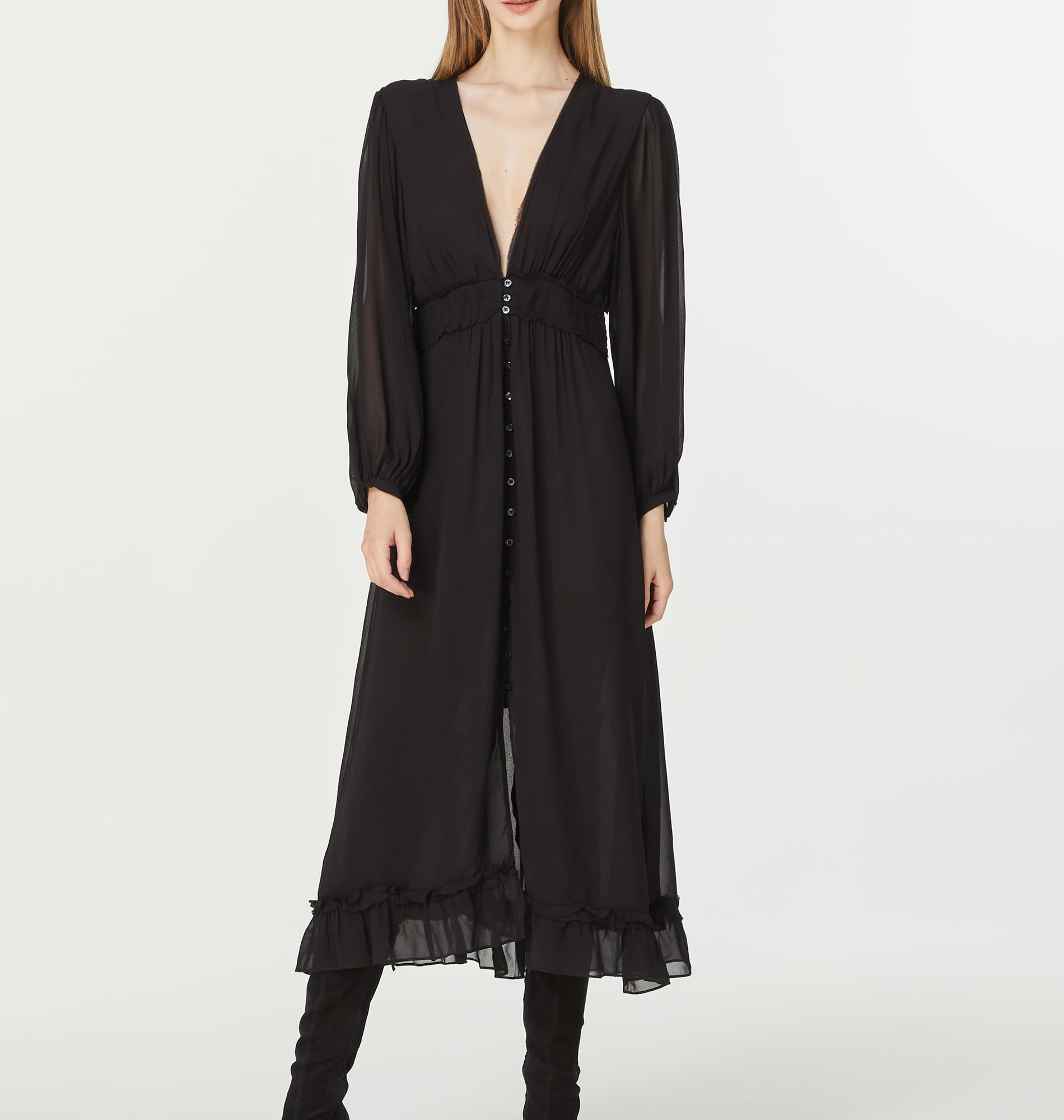 Vestido De Georgette Leve Midi Preto Pala