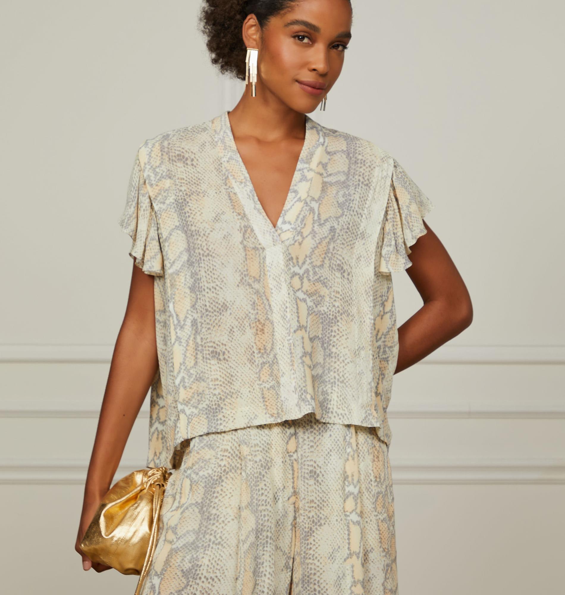 Blusa De Georgette Pesado Manga Curta Estampado Blusa De Georgette Pesado Manga Curta Estampado