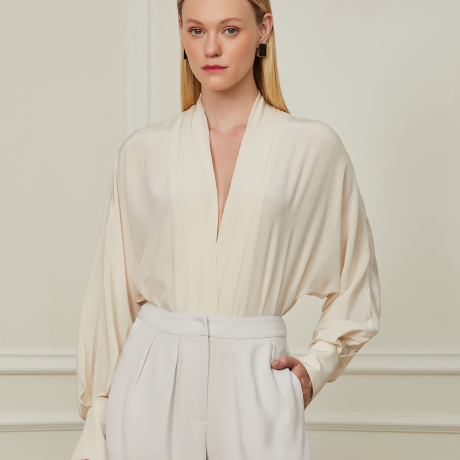 Body Manga Longa De Seda Estampado Off White