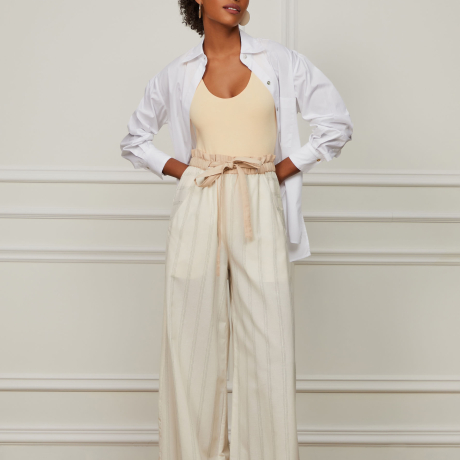 Calça Ampla De Algodão Com Listra Lurex
