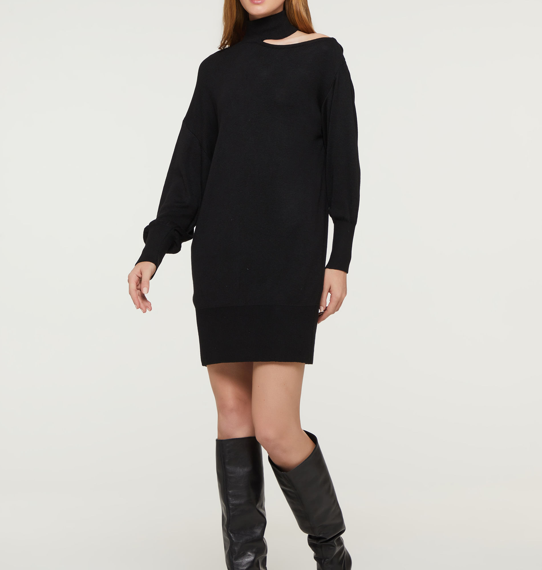 Vestido Curto Com Cut No Ombro Tricot Preto