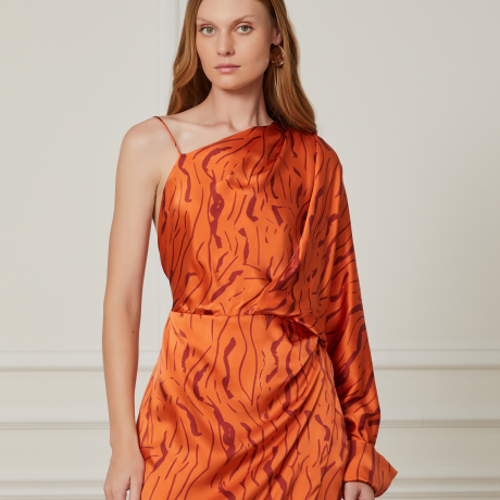 Vestido De Seda Curto Um Ombro Só Manga Longa Estampado