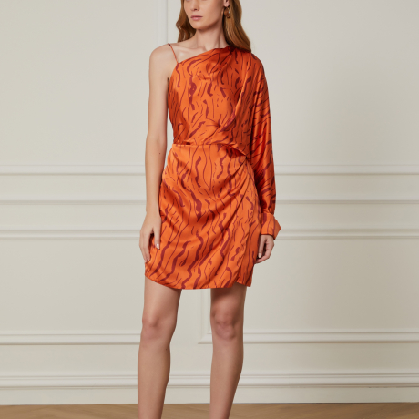 Vestido De Seda Curto Um Ombro Só Manga Longa Estampado
