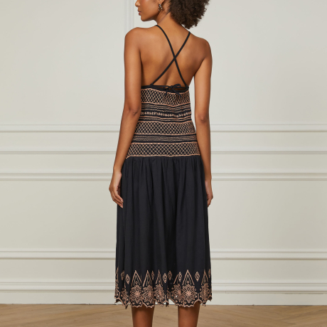 Vestido De Algodão Midi Preto Com Bordado Vintage Artesanal