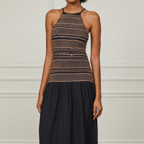 Vestido De Algodão Midi Preto Com Bordado Vintage Artesanal