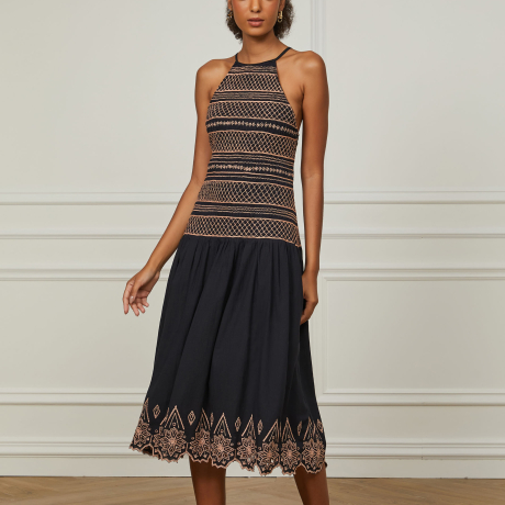 Vestido De Algodão Midi Preto Com Bordado Vintage Artesanal