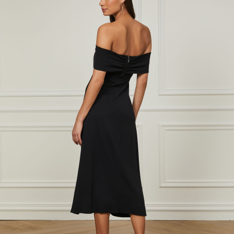 Vestido De Crepe Midi Ombro a Ombro Laço Com Cut