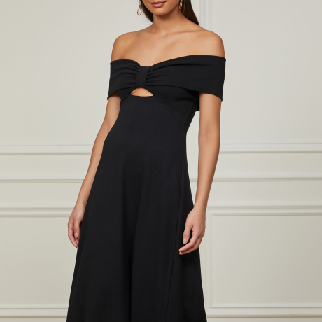 Vestido De Crepe Midi Ombro a Ombro Laço Com Cut