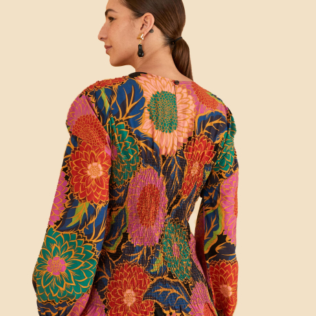 Blusa Lastex Estampada Floral Vintage