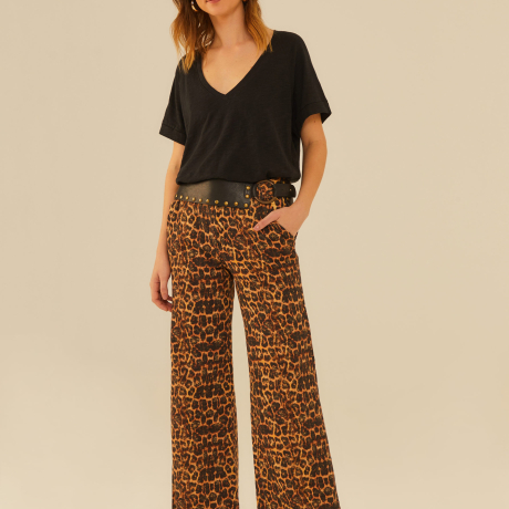 Calça Sarja Wide Estampa Onça
