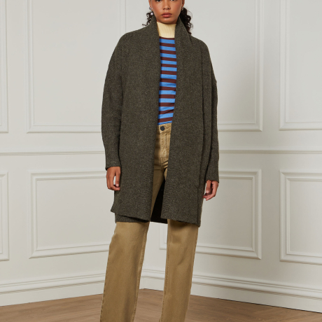 Cardigan De Tricot Alongado Com Decote De Rib