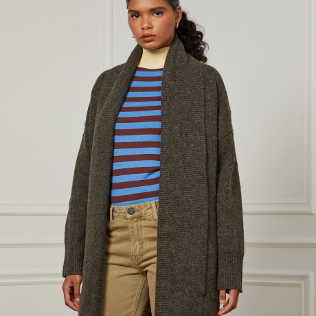 Cardigan De Tricot Alongado Com Decote De Rib
