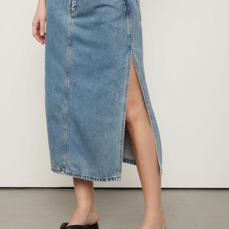 Saia Midi Jeans Com Fenda Lateral