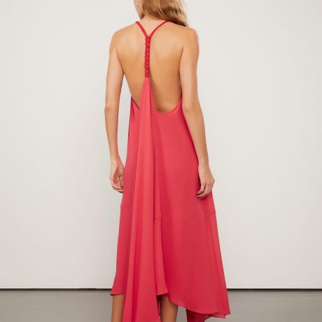 Vestido De Georgette Leve Longo Vermelho Alça De Macramê