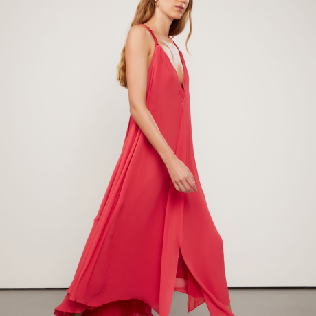 Vestido De Georgette Leve Longo Vermelho Alça De Macramê