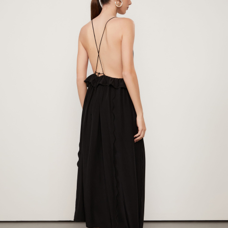 Vestido De Seda Midi Preto Borda Festonê
