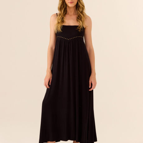 Vestido Midi Pesponto Tacha Decote