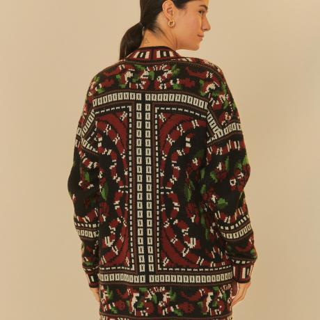 Cardigan Tricot Lenço Estampado Guaraná Coral Cardigan Tricot Lenço Estampado Guaraná Coral