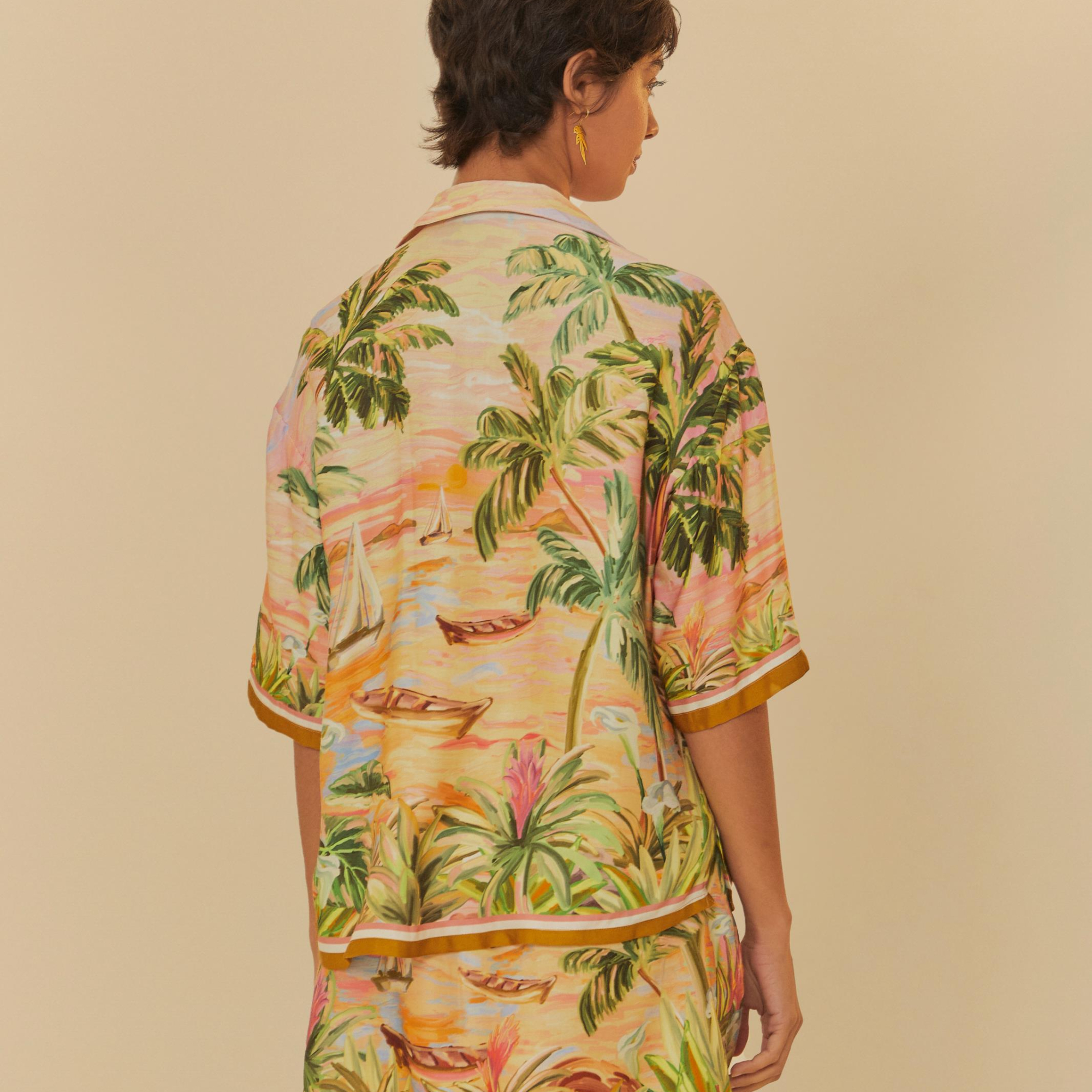 Camisa Cropped Estampada Pintura Tropical