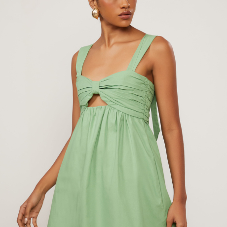 Vestido Curto De Alça Decote Reto Franzido De Algodão Verde