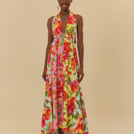 Vestido Longo Nesgas Patch Estampado Flor Céu
