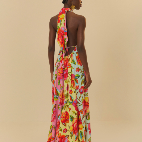 Vestido Longo Nesgas Patch Estampado Flor Céu
