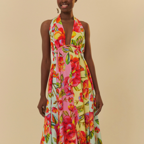 Vestido Longo Nesgas Patch Estampado Flor Céu
